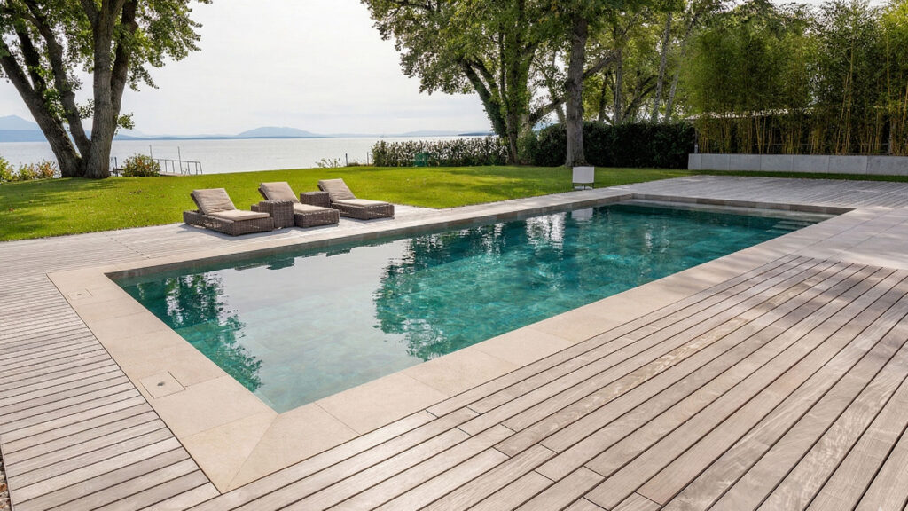 Construction piscine skimmer avec carrelage taupe par Astro Piscines à Perroy