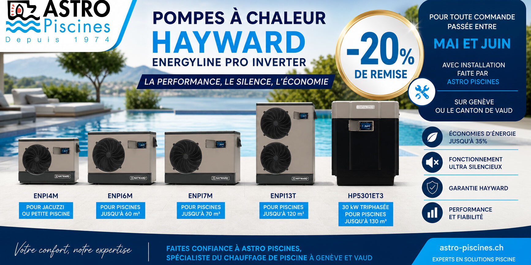 Promotion sur les pompes à chaleur Hayward en mai et juin 2026 chez Astro-Piscines